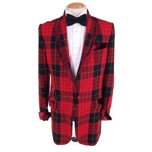 A Child of The Jago Wool Red Plaid Long Blazer 38 M RARE Velvet Trim Mens